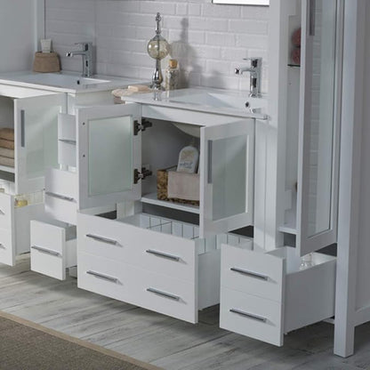 Blossom 102 Inch Bathroom Vanity with Linen Tower, Glossy White | Solid Wood, Extra Wide Double Sink, Modern European Design, Moisture Resistant Painted Finish, Includes 2 Mirror Cabinets