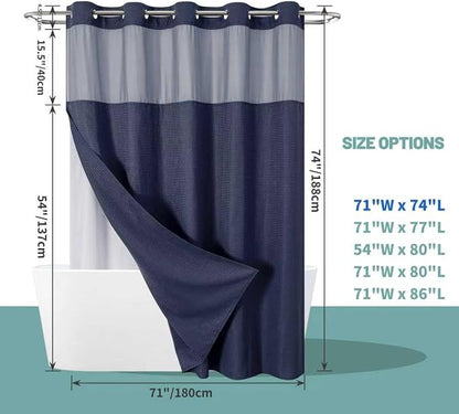 eachope No Hook Waffle Shower Curtain with Snap-in Liner, 71x74 Inch, Navy | 230 GSM waffle weave fabric, waterproof liner set with 2 bottom magnets, mesh top window, washable, for bathroom or hotel use