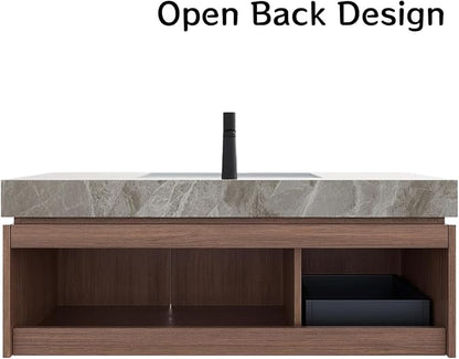 48" Bathroom Vanity with Sink, Wall-Mounted Plywood Bathroom Storage Cabinet with Ceramic Basin & Sintered Stone Countertop, Modern Pre-Assembled Floating Vanity with Drawer & Door, Brown Oak