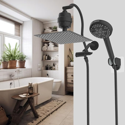 Hibbent All Metal 12'' Dual Filtered Rainfall Shower Head Combo, High Pressure Handheld Shower Head with 12'' Adjustable Curved Extension Arm, 20 Stage Shower Filter, 10-spray, 71'' Hose, Matte Black