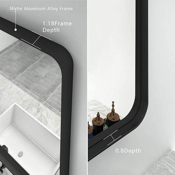 16x24 Inch Black Metal Framed Bathroom Mirror for Wall | Matte Black Rectangle Mirror, Rounded Corner, Anti-Rust, HD Glass, Hangs Horizontally or Vertically