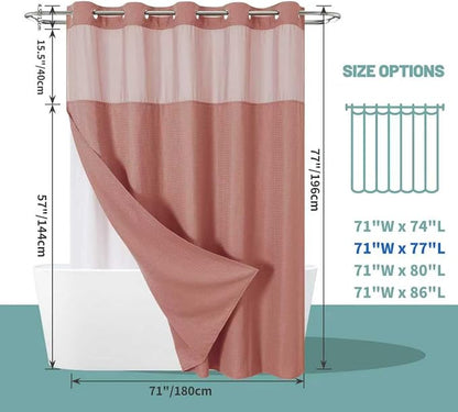 eachope No Hook Waffle Shower Curtain with Snap-in Liner, 71x77 Inch, Coral | 230 GSM waffle weave fabric, waterproof liner set with 2 bottom magnets, mesh top window, washable, for bathroom or hotel use