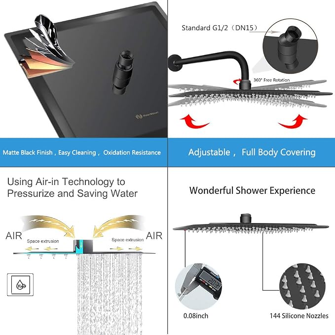 NearMoon Square Rain Shower Head With Extension Arm, Large Stainless Steel Rainfall Shower-Waterfall Full Body Coverage (12 Inch, Matte Black)