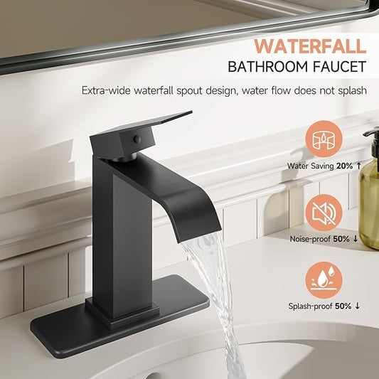 Matte Black Bathroom Faucets, Evolvegoods Modern Waterfall Bathroom Faucet, Single Handle 1 or 3 Hole Bathroom Sink Faucet, RV Mixer Tap Vanity Faucet with Deck Plate, Pop-up Drain and Supply