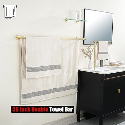 JQK Double Bath Towel Bar, Brushed Gold 39 Inch 304 Stainless Steel Thicken 0.8mm Towel Rack for Bathroom, Towel Holder Wall Mount, Useable Length 36 Inch, TB100L36-BG
