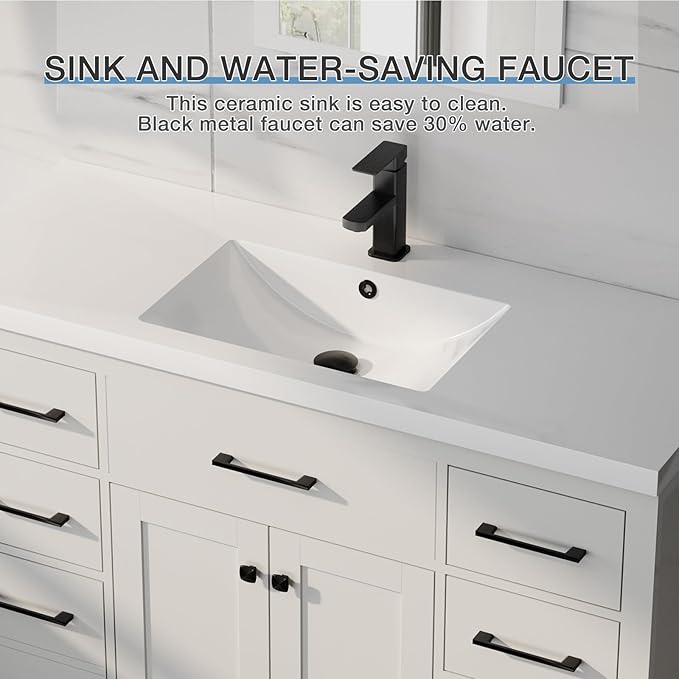 LUCKWIND 48" Modern Bathroom Vanity and Sink, Painted Bathroom Storage Cabinet with Single Resin Sink, Two Doors and Four Drawers, Include Faucet Without Mirror, White