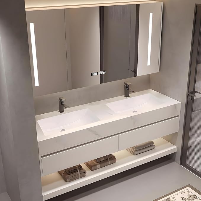 68" Bathroom Vanity with Sink, Double Sink Bathroom Vanity with Smart LED Defog Mirror, Display Time, Ceramic Sink, Soft Closing, Fully Pre-Assembled, Ample Storage, Medicine Cabinet Set