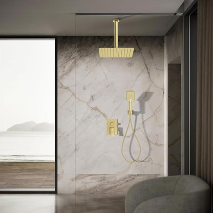 Shower System 12IN Modern Rain Brass Faucet Set With Valve and Diverter Shower Mixer With Handheld High Pressure Square Rainfall Shower Valve (12'' Ceiling Mount, Brushed Gold)