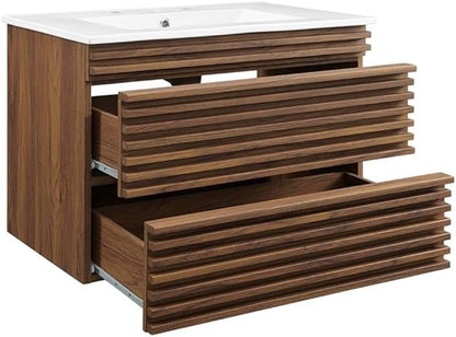 Modway Render 30" Wall-Mount Bathroom Vanity in Walnut White