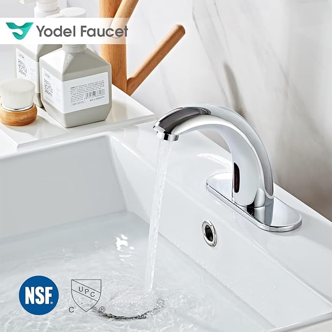 Chrome Touchless Bathroom Sink Faucet - Automatic Sensor Faucet - Dual Power Supply 110V AC or Battery Operated for Commercial