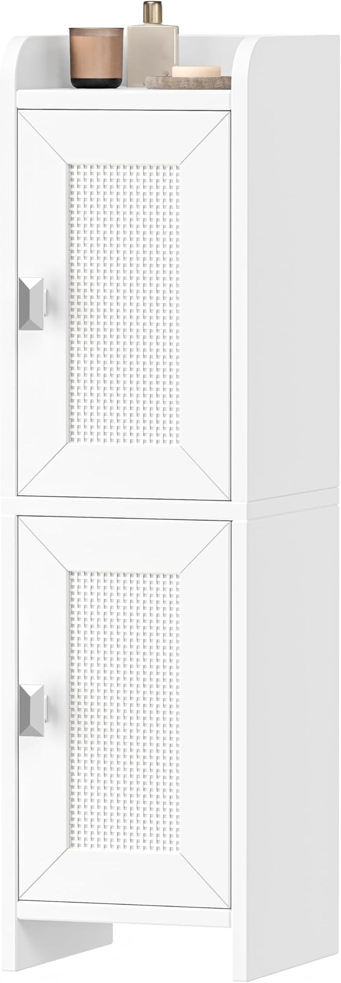 Akxomel Rattan Small Bathroom Cabinet Narrow Toilet Paper Organizer White | 7.9''D x 7.9''W Bathroom Organizer and Storage Cabinet for Small Space, Slim Corner Unit with Adjustable Shelf