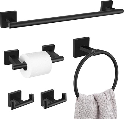 Matte Black Bathroom Hardware Set, 5-Piece Bath Towel Bar Set with 23.6” Towel Bar, Towel Ring, Toilet Paper Holder, Two Hooks, SUS304 Towel Racks for Bathroom Wall Mounted