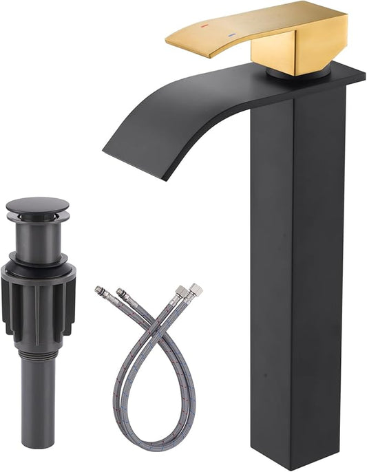 Vessel Sink Faucet Black and Gold: ARCORA Single Hole Tall Waterfall Bathroom Faucet, Single Handle Lavatory Vanity Tap with Pop Up Drain and cUPC Supply Lines