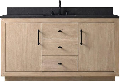 Vanity Art 60" Bathroom Vanity with Sink, Vanity Cabinet with Doors and Shelf, Modern Wood Bathroom Vanity with White Marble Top, Solid Wood Frame, 3 Functioning Drawers,VA70-60-SLW-E