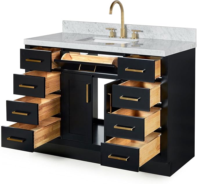 Isabella 48-Inch Bathroom Vanity with Sink — Black Single Sink Bathroom Vanity, 1.5" Edge Italian Carrara Marble Top, Solid Wood, 2 Soft-Close Doors, 8 Dovetail Drawers + Tilt Drawer