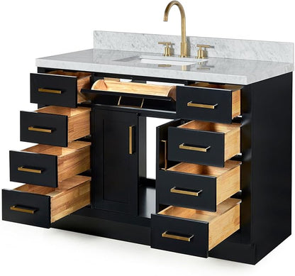 Isabella 48-Inch Bathroom Vanity with Sink — Black Single Sink Bathroom Vanity, 1.5" Edge Italian Carrara Marble Top, Solid Wood, 2 Soft-Close Doors, 8 Dovetail Drawers + Tilt Drawer