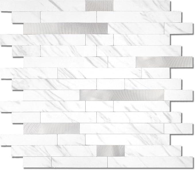Yipscazo 10 Sheets Peel and Stick Stone Metal Tile Backsplash, Stick on Tiles for Backsplash Kitchen, Bathroom, Laundry Room, Camper, Fireplace (12'' X 12'', White Stone with Metal)