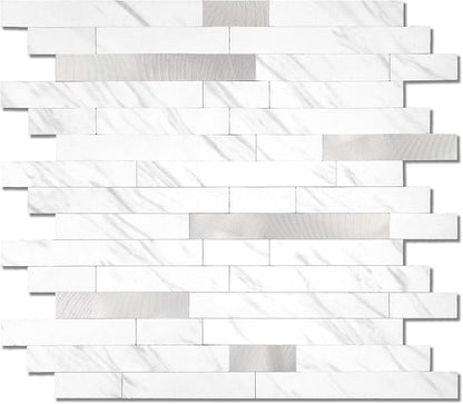 Yipscazo 10 Sheets Peel and Stick Stone Metal Tile Backsplash, Stick on Tiles for Backsplash Kitchen, Bathroom, Laundry Room, Camper, Fireplace (12'' X 12'', White Stone with Metal)