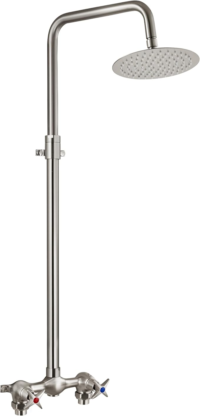 Aolemi Outdoor Shower Kit,8 Inch Rain Head,Hot and Cold,Brushed Nickel | 2-Handle Control Outdoor Shower Fixtures,Adjustable Height,6-Inch Center Valve,Winter Drainage,Exposed Shower