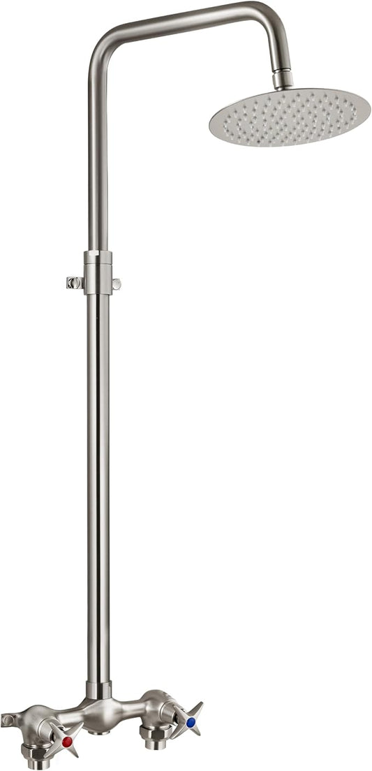 Aolemi Outdoor Shower Kit,8 Inch Rain Head,Hot and Cold,Brushed Nickel | 2-Handle Control Outdoor Shower Fixtures,Adjustable Height,6-Inch Center Valve,Winter Drainage,Exposed Shower