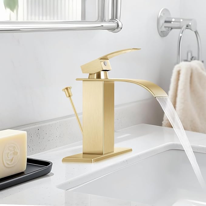 Brush Gold Bathroom Faucet with Waterfall Spout and Lift Rod Drain | SUS 304 Stainless Steel, Single Handle, 1 Or 3 Hole Sink, RV Vanity, Deck Plate, Supply Hoses, NSF372 NSF61 cUPC
