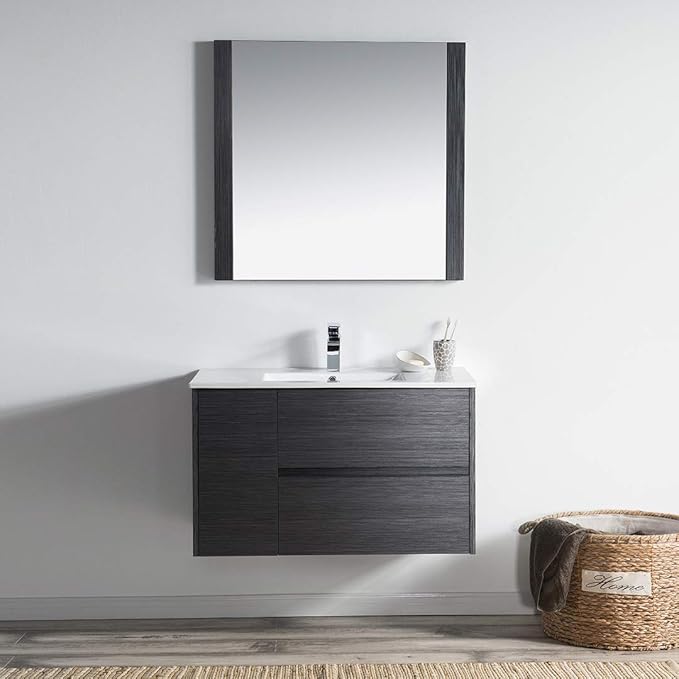Blossom 36 Inch Bathroom Vanity with Sink - All Wood Floating Vanity Cabinet with Ceramic Sink - 2 Soft-Closing U-Shaped Cutout Drawers - Modern Bathroom Storage Vanities, Silver Grey Finish
