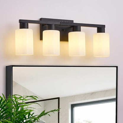 Black Bathroom Light Fixtures 4 Light Bathroom Vanity Light Matte Black Vanity Lights with Eye-Friendly Milky White Frosted Glass Shades E26 Socket (Bulbs Not Included)