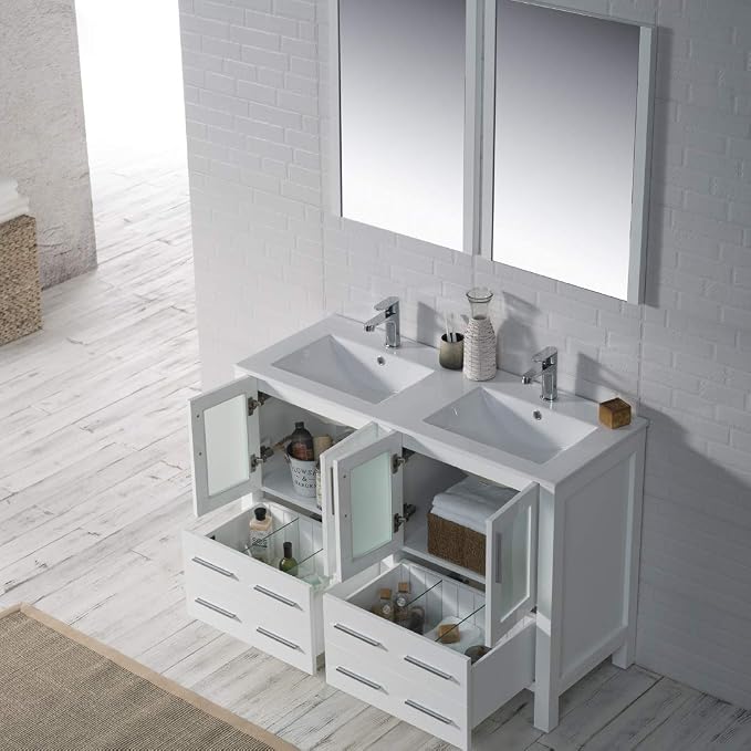 Blossom 48 Inch Solid Wood Double Sink Bathroom Vanity with Ceramic Top | Luxury Freestanding Master Bath Cabinet | 5-Layer Moisture-Resistant Finish | Soft-Close Drawers, Glossy White