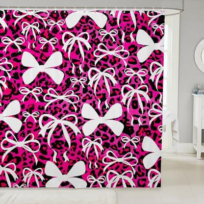 jejeloiu Cute Bowknot Shower Curtain for Bathroom Decor 72"x84" Pink Black Leopard Bath Curtain Kawaii Girls Bow Bathroom Accessories Waterproof Polyester Fabric for Stalls Bathtubs Princess Decor