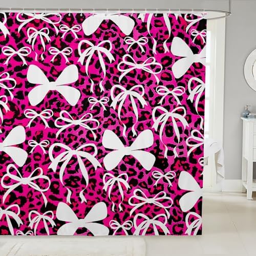 jejeloiu Cute Bowknot Shower Curtain for Bathroom Decor 72"x72" Pink Black Leopard Bath Curtain Kawaii Girls Bow Bathroom Accessories Waterproof Polyester Fabric for Stalls Bathtubs Princess Decor