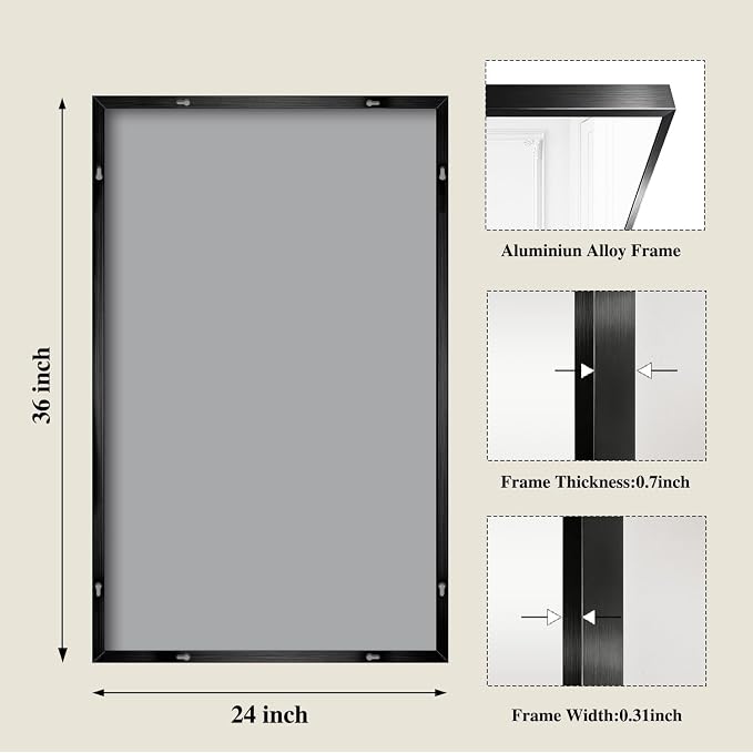 Koonmi Black Mirrors for Wall, 24x36 Inch Bathroom Mirror, Rectangular Wall Mirror for Living Room Bedroom Bathroom, Hangs Horizontally or Vertically