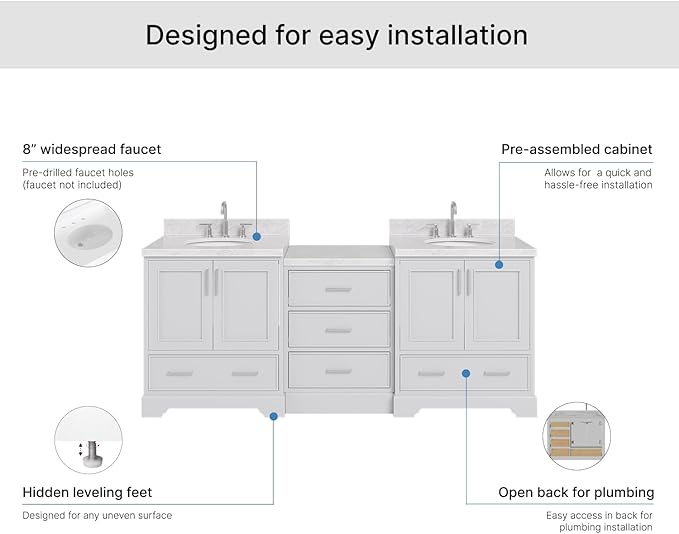 ARIEL Stafford 84-inch Bathroom Vanity with Sink,Solid Wood, 1.5in Italian Carrara Marble Countertop & Backsplash, Double Oval Porcelain Sink, 4 Soft Closing Doors, 5 Dovetail Drawers, Grey