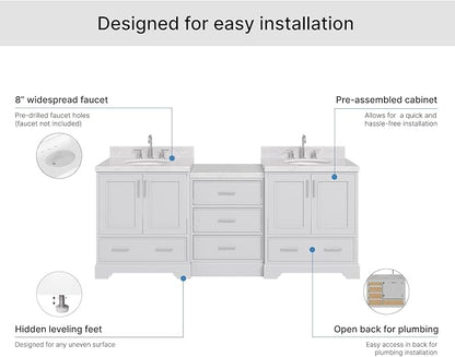 ARIEL Stafford 84-inch Bathroom Vanity with Sink,Solid Wood, 1.5in Italian Carrara Marble Countertop & Backsplash, Double Oval Porcelain Sink, 4 Soft Closing Doors, 5 Dovetail Drawers, Grey