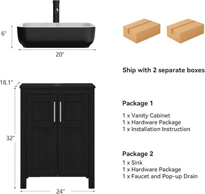 YOURLITE 24" Bathroom Vanity with Sink, Black Bathroom Vanity Cabinet, Faucet & Pop Up Drain Set,Traditional Vanity with with White & Black Ceramic Sink
