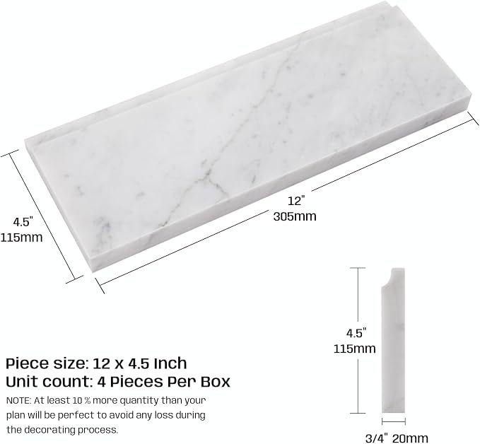 4 Pcs Carrara White Marble Baseboard Trim Molding, Polished | 4.5"x12" Marble Base Moulding for Kitchen, Bathroom, Wall, Floor & Shower, Protects Walls, Easy to Install, Durable
