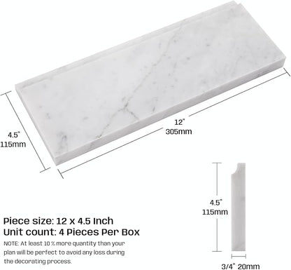 4 Pcs Carrara White Marble Baseboard Trim Molding, Polished | 4.5"x12" Marble Base Moulding for Kitchen, Bathroom, Wall, Floor & Shower, Protects Walls, Easy to Install, Durable