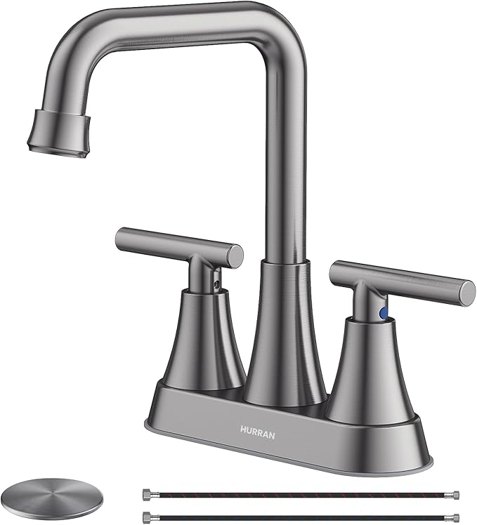 Bathroom Sink Faucet, Hurran Brushed Grey Bathroom Faucets for Sink 3 Hole with Pop-up Drain and Supply Hoses, 360 Swivel Spout 2-Handle Centerset Faucet for Vanity RV Farmhouse