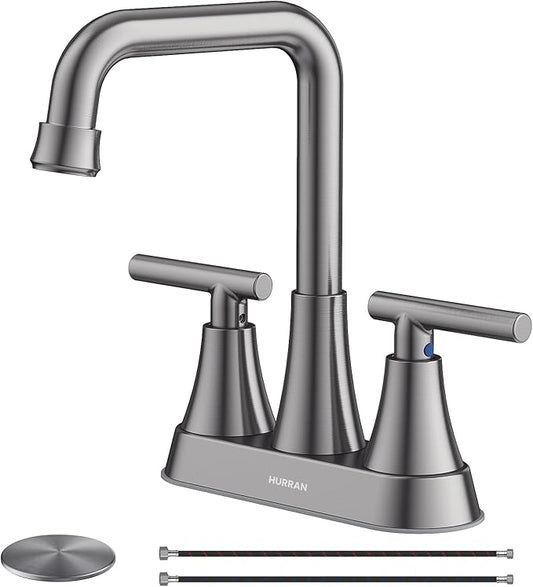 Bathroom Sink Faucet, Hurran Brushed Grey Bathroom Faucets for Sink 3 Hole with Pop-up Drain and Supply Hoses, 360 Swivel Spout 2-Handle Centerset Faucet for Vanity RV Farmhouse