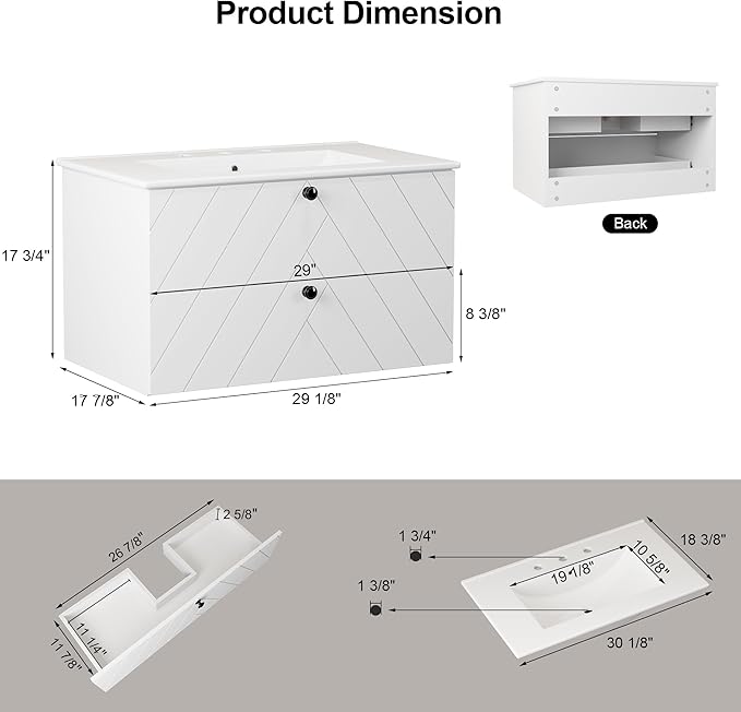 Floating Vanity with Sink 30", Bathroom Vanities Cabinet with White Ceramic Sink, 2 Large Storage Drawers with Soft-Close System, Wall Mounted, Easy Cleaning