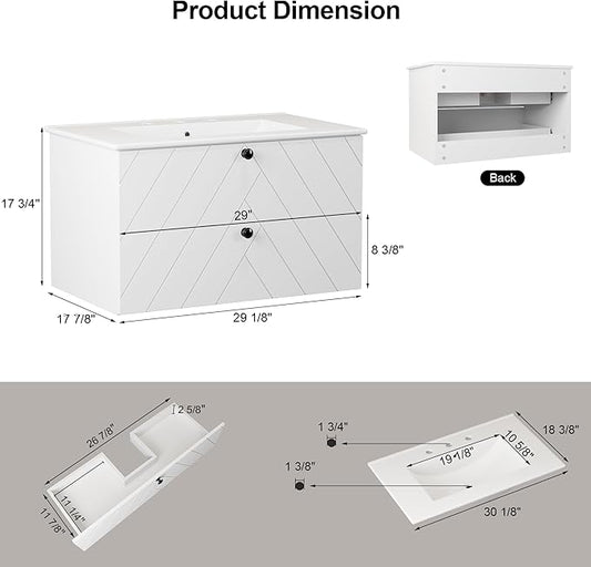 Floating Vanity with Sink 30", Bathroom Vanities Cabinet with White Ceramic Sink, 2 Large Storage Drawers with Soft-Close System, Wall Mounted, Easy Cleaning