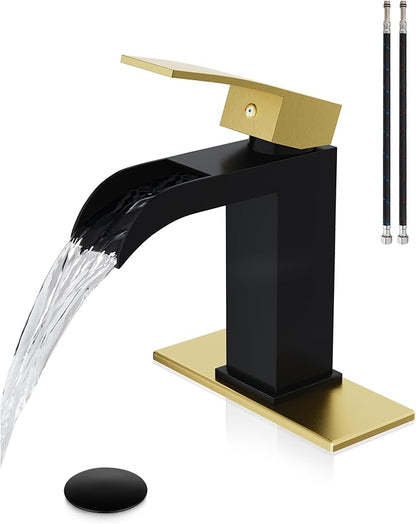 Midanya Waterfall Bathroom Faucet, Single Handle Bathroom Sink Faucet for Sink 1 or 4 Inch 3 Hole, Stainless Steel Vanity Faucets with Deck Plate and Pop up Drain,Brushed Gold and Matte Black