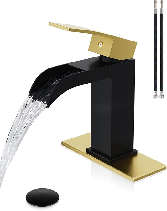 Midanya Waterfall Bathroom Faucet, Single Handle Bathroom Sink Faucet for Sink 1 or 4 Inch 3 Hole, Stainless Steel Vanity Faucets with Deck Plate and Pop up Drain,Brushed Gold and Matte Black