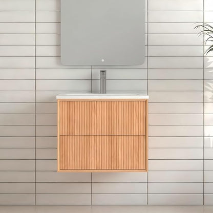 Floating Bathroom Vanity with Sink, Nature Soild Wood Cabinet with Ceramic Basin, Extra Large Storage Drawer & Pre-Assembled Vanities for Bathroom, Powder Room (Nature B Style, 24")
