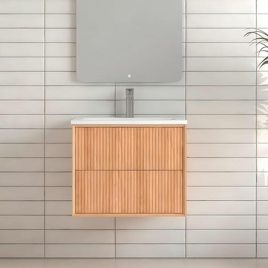 Floating Bathroom Vanity with Sink, Nature Soild Wood Cabinet with Ceramic Basin, Extra Large Storage Drawer & Pre-Assembled Vanities for Bathroom, Powder Room (Nature B Style, 24")