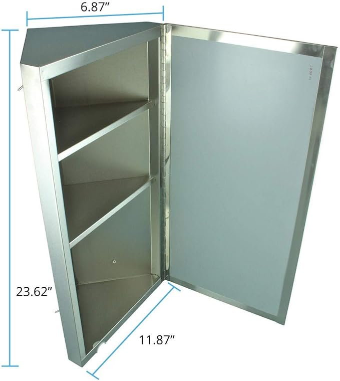 Renovators Supply Infinity Corner Medicine Cabinet with Mirror - Triple Shelf Storage Cabinet - Modern Wall Mount Medicine Cabinet - 23.6 in., Left Open, Polished Stainless Steel, Pack of 1