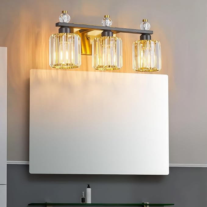 Bathroom Vanity Lights 3-Light Sand Black Gold Modern Crystal Vanity Light Fixtures Over Mirror Crystal Bathroom Vanity Lighting Fixtures