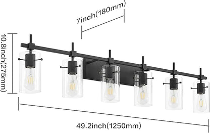 SOLFART Black Vanity Light fixtures 49.2 inch 6 Lights Wall Light Fixtures Above Mirror for Bathroom with Glass Shade (Exclude Bulb)