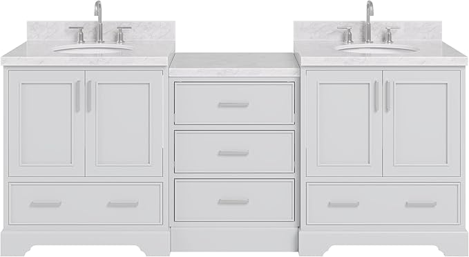 ARIEL Stafford 84-inch Bathroom Vanity with Sink,Solid Wood, 1.5in Italian Carrara Marble Countertop & Backsplash, Double Oval Porcelain Sink, 4 Soft Closing Doors, 5 Dovetail Drawers, Grey