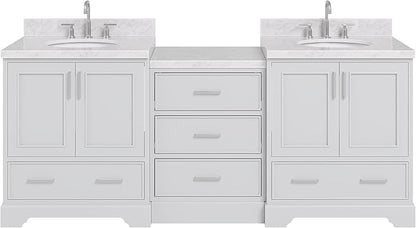 ARIEL Stafford 84-inch Bathroom Vanity with Sink,Solid Wood, 1.5in Italian Carrara Marble Countertop & Backsplash, Double Oval Porcelain Sink, 4 Soft Closing Doors, 5 Dovetail Drawers, Grey