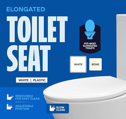 Highcraft W4TSPE Elongated Plastic Toilet Seat Slow Close ? Easy Remove, White